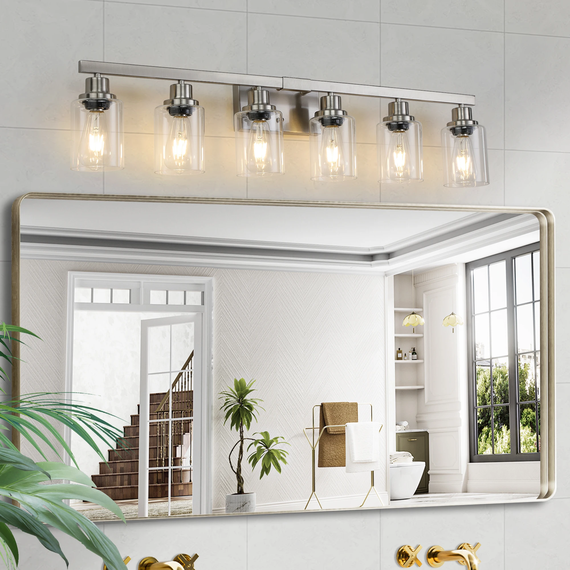 

6 Lights Silver Vanity Bathroom Mirror Lights With Clear Glass Shades Mirror Front Lights For Bathroom, Dressing Room Fixtures