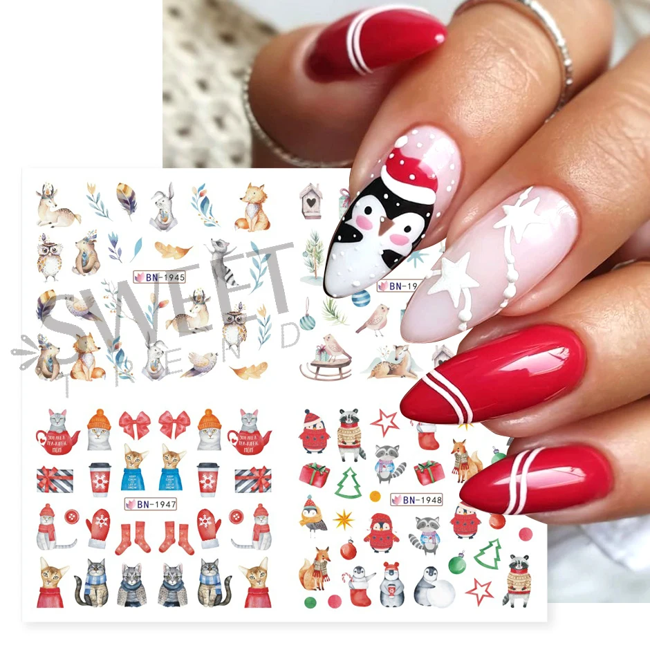 12pcs Cute Sweater Penguin Nail Water Decals Cartoon Cat Bunny Design Transfer Sliders Winter New Year DIY Decoration Wraps LYBN