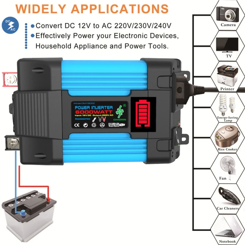 6000W Power Inverter 4000W Car Inverter DC 12V To AC 220V Transformer with USB Universal Socket Charge with LED Display for RV