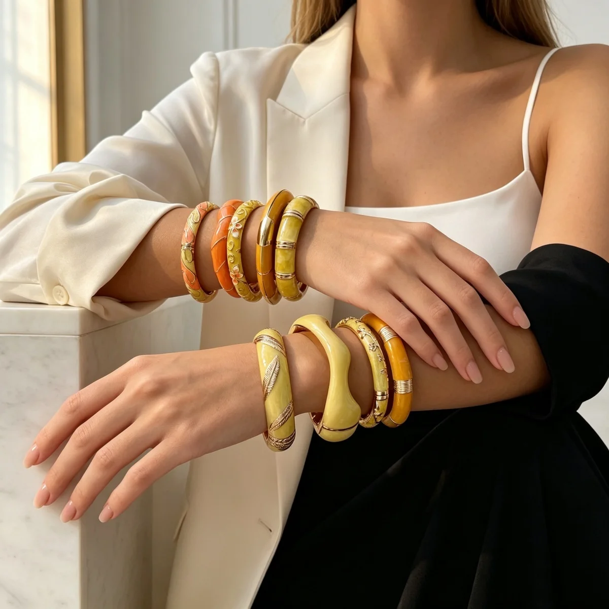 Modische Gelbe Emaille-Manschettenarmbänder für Damen und Herren, Retro-Stil mit Ast-, Wellen-, Stern-, Blatt-, Blumen- und Bambus-Motiven, Armschmuck – Detail 10