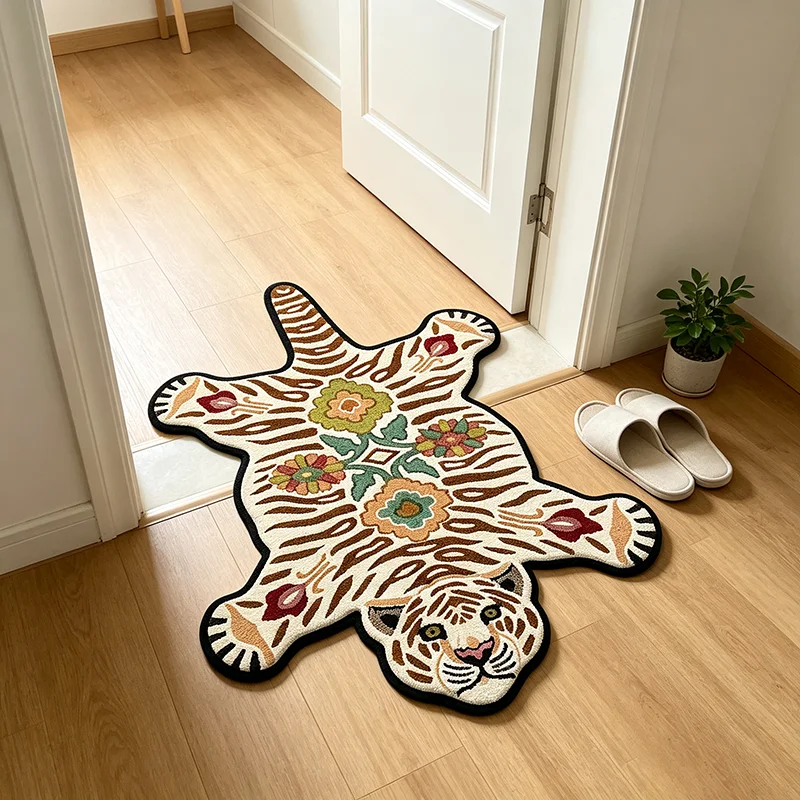 Vintage Tiger Pattern Shaped Plush Rug Ethnic Style Animal Print Carpet for Living Room Home Decor Bedroom Bedside Floor Mat