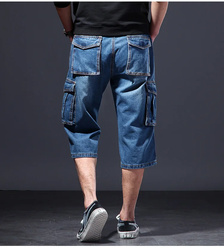 Idopy Men`s Denim Cargo Shorts Plus Size Motorcycle Biker Multi-Pockets Straight Washed Jean For Male