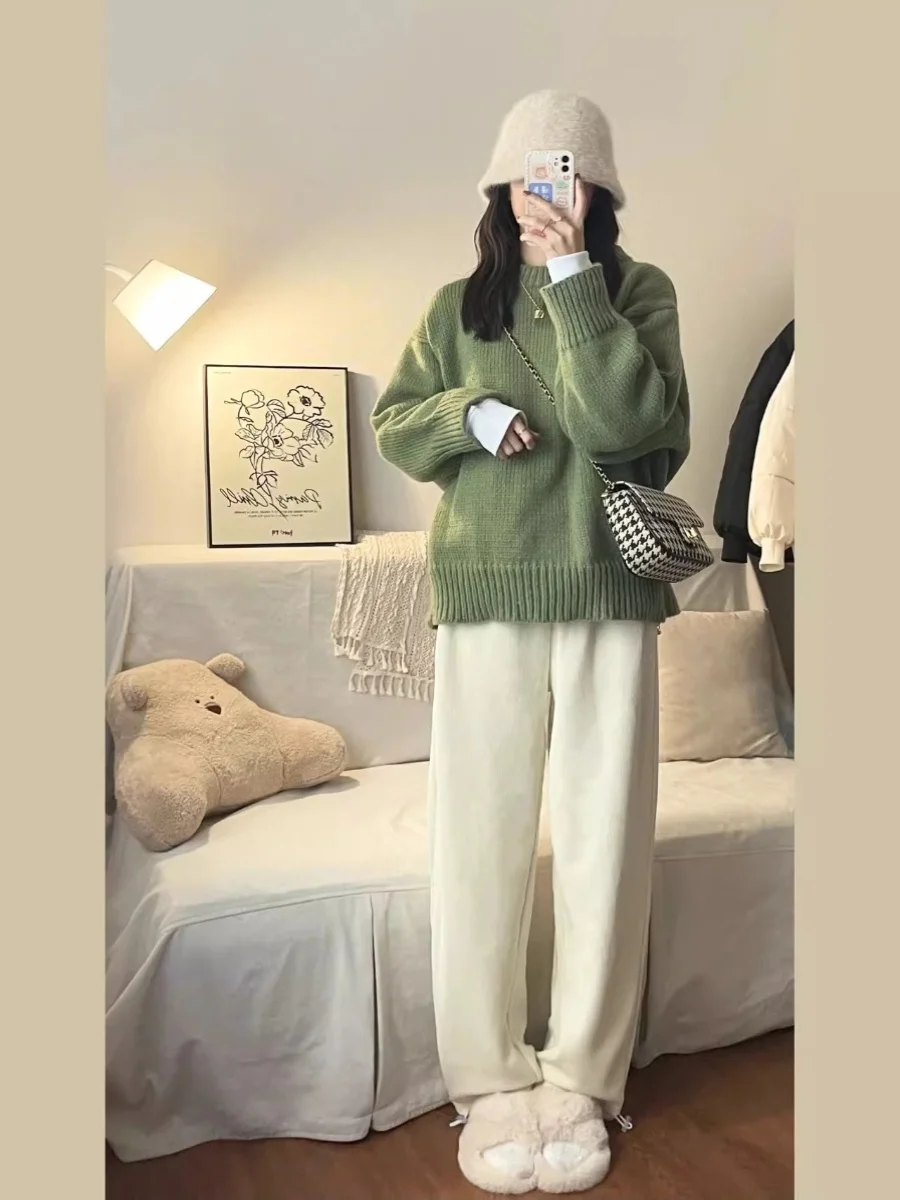 New O-Neck Loose Green Pullover Sweater For Women Autumn Winter Thick Retro Japanese Lazy Style Interior Bottom Knitted Top