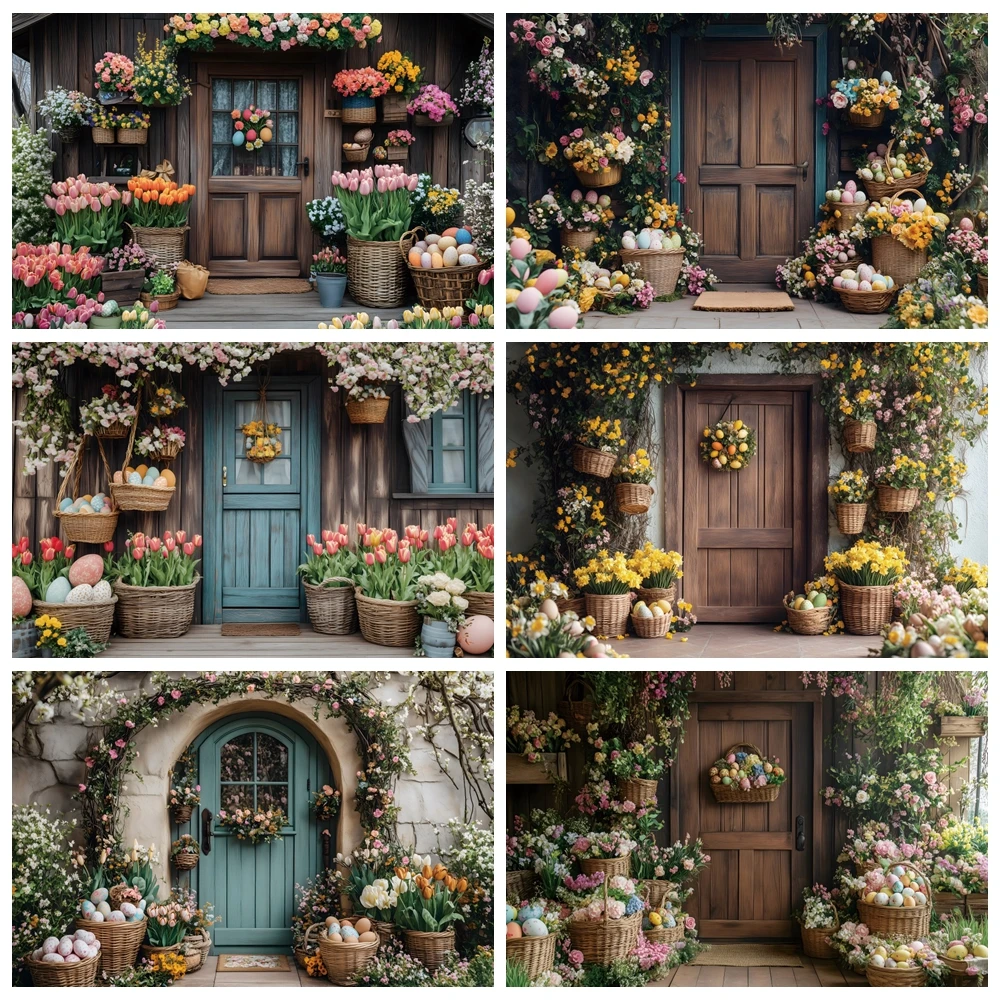 Happy Easter Photography Background Wooden Door Flowers Tulip Eggs Kids Birthday Party Decor Baby Shower Backdrop Photo Props