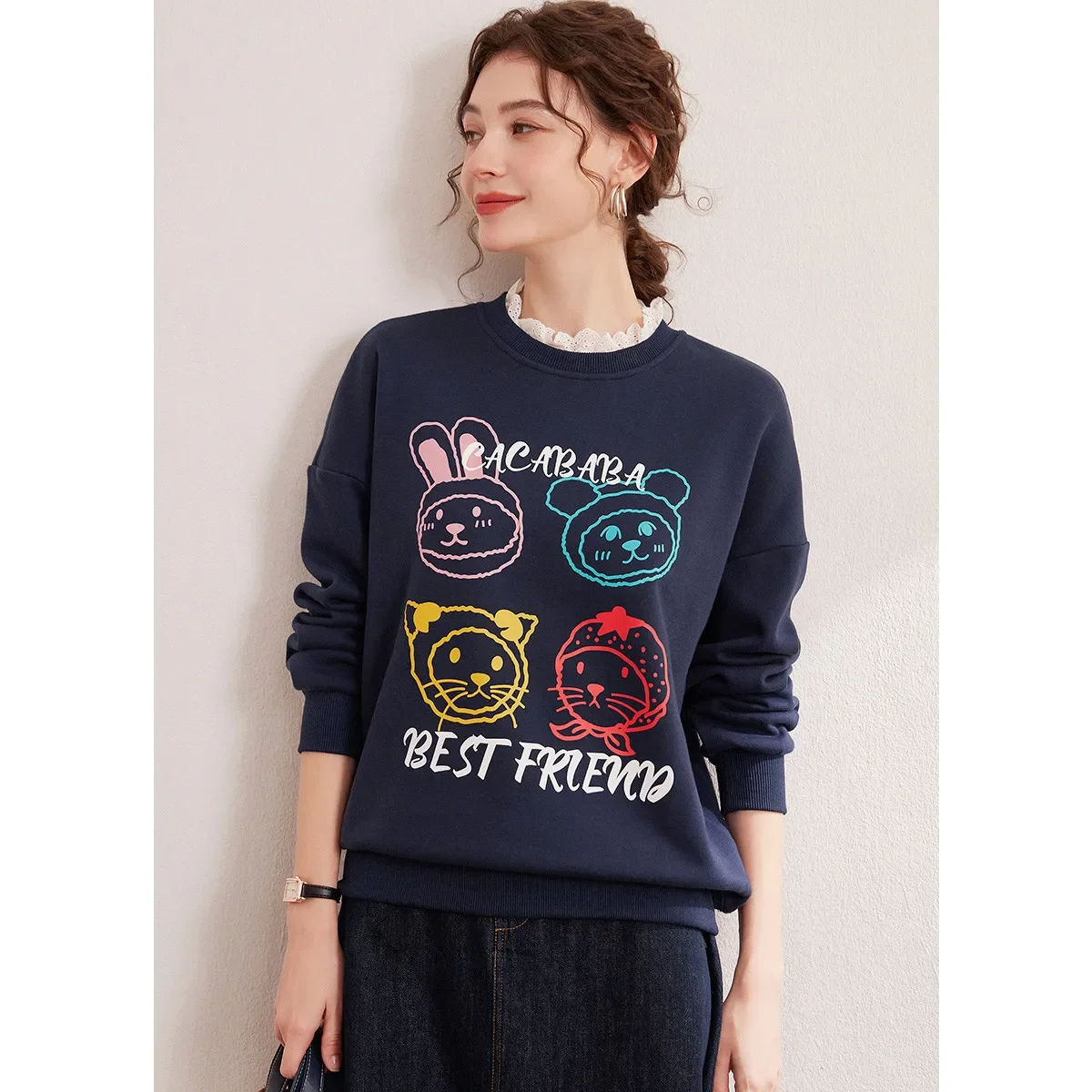 LOUIS YAO 2025 Winter Thick Velvet Fashion Micro Elastic Round Neck Contrasting Color Lace Printed Loose Shoulder Women's Hoodie