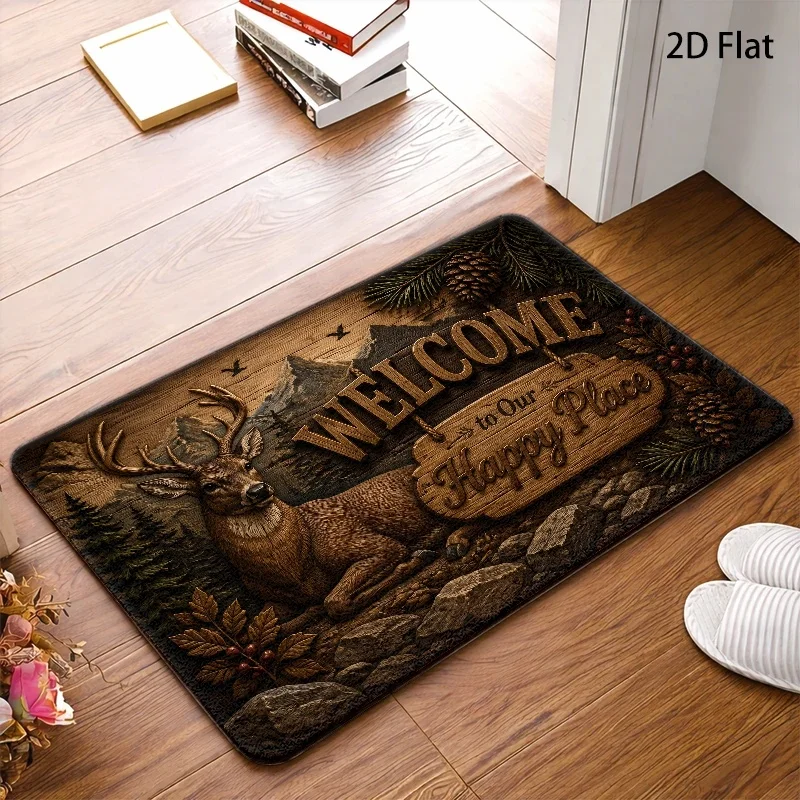 Outdoor Welcome Mat Western Black Bear Cubs Printed Carpet Wild Moose Antlered Stag Mountain Forest for Entrance Hallway