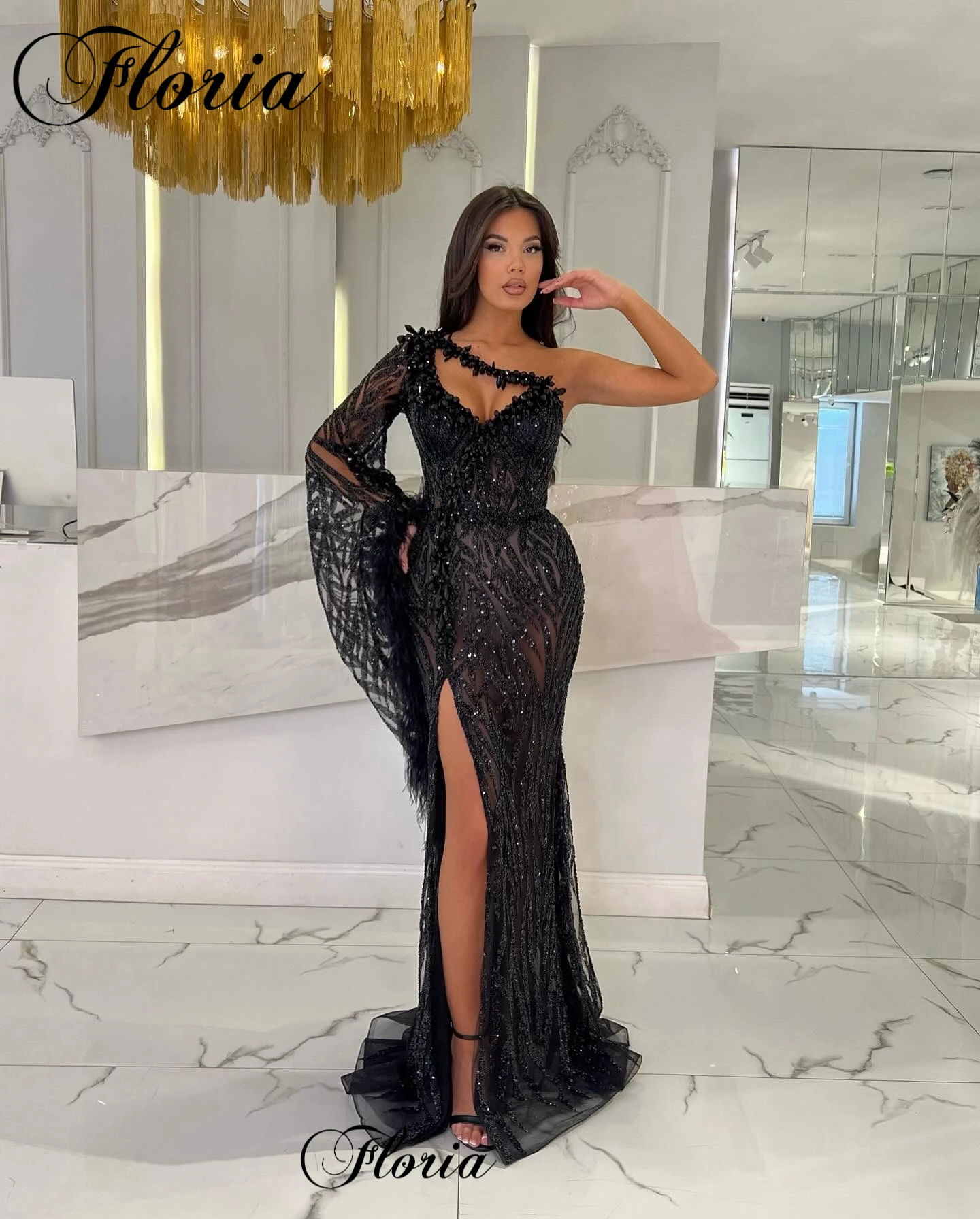 Sexy Designer Black Evening Dresses With Side Slit One Shoulder Illusion Celebrity Dresses Ceremony Dresses Vestidos Para Mujer