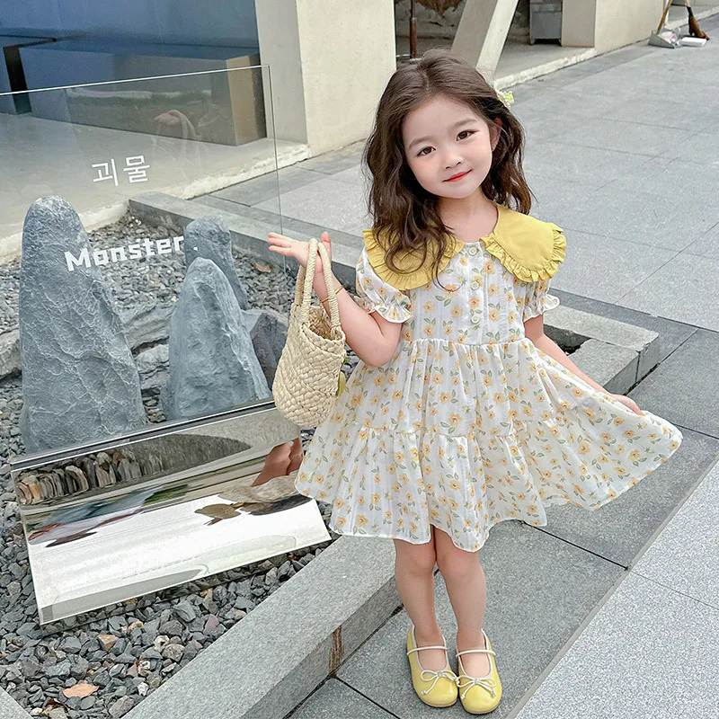 Girls Dress Summer 2025 New Children's Foreign Style Baby Girl Thin Lapel Short Sleeve Floral Summer Dress Skirt
