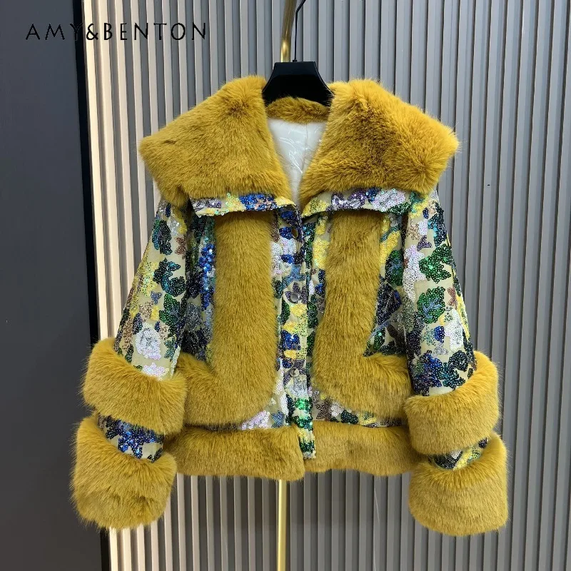 

Faux Fox Fur Coat For Women's 2025 Autumn Winter New Fashion Sequin Thickened Cotton Sweet Stylish Furry Jacket Overcoat Ladies