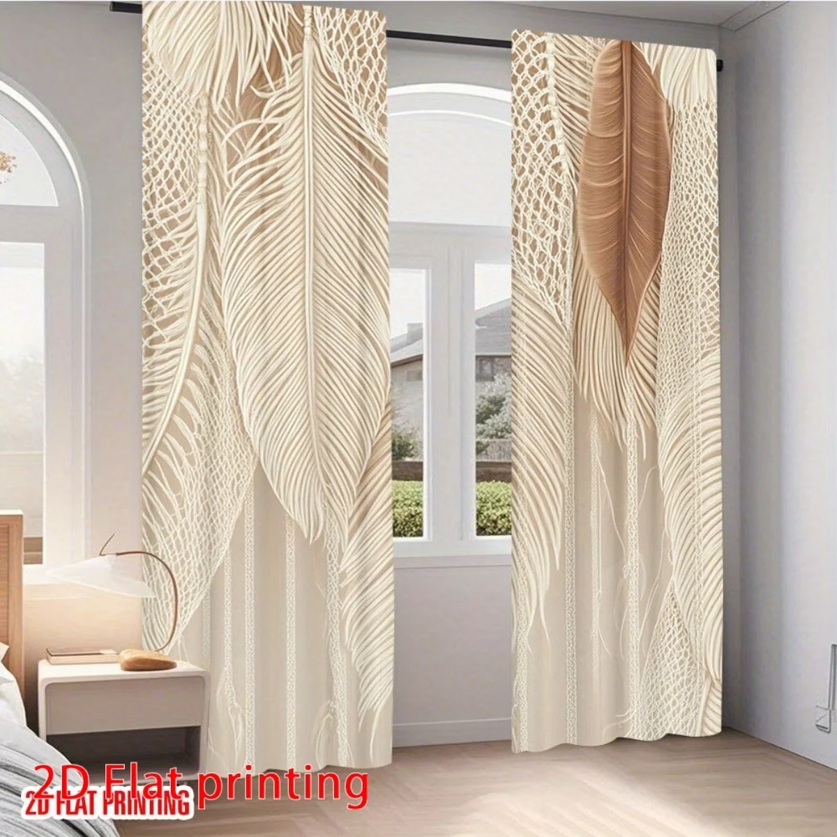2PCS Digital Printed Curtains, Light Yellow Feather Soft Boho Pattern, Window Treatments for Living Room Bedroom Home Decoration