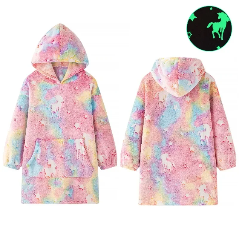 High Quality Spaceship Dinosaur Unicorn Luminous Flannel Hooded Bathrobe Children\'s Lazy Clothes Luminous Blanket Home Clothing