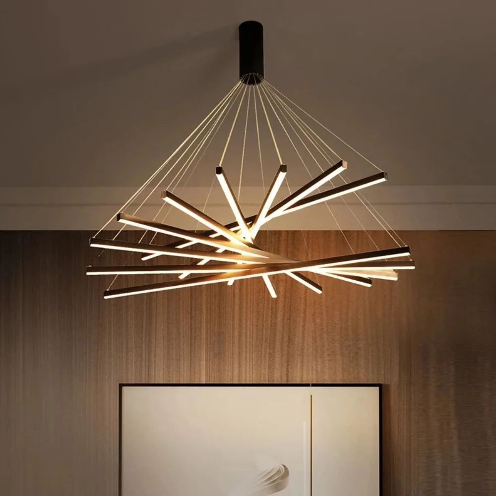 

Modern LED Ceiling Long Line Lamp for Remote Black Stair Chandelier Hall Living Duplex Pendant Light Indoor Fixture