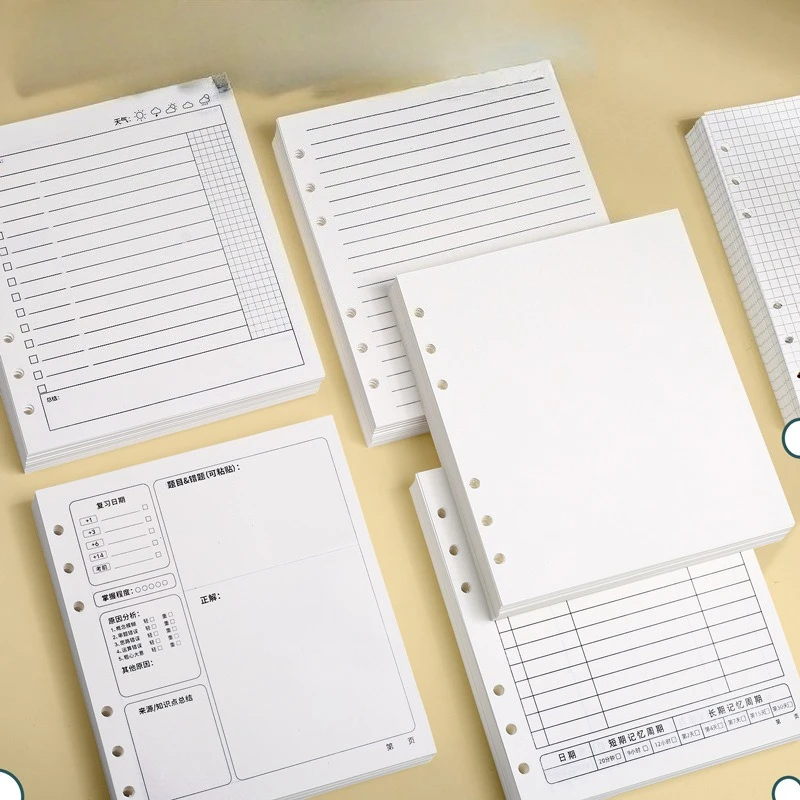 Recharge de carnet à feuilles mobiles A7, pages intérieures quadrillées et lignées, pour agenda, carnet de notes et planificateur, fournitures scolaires