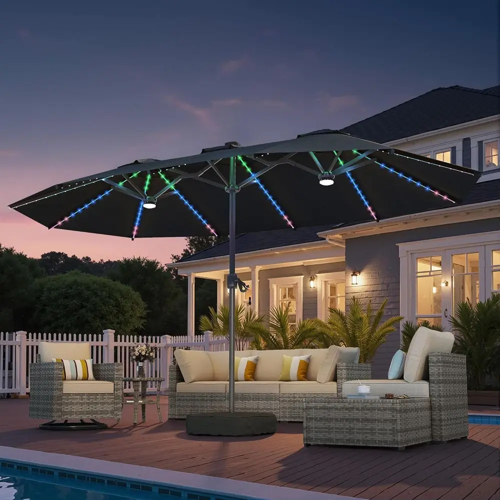 15T RGB LED Patio Umbrella with Remote, 16 Million Colors, Weatherproof Base, Outdoor Backyard Night Decor