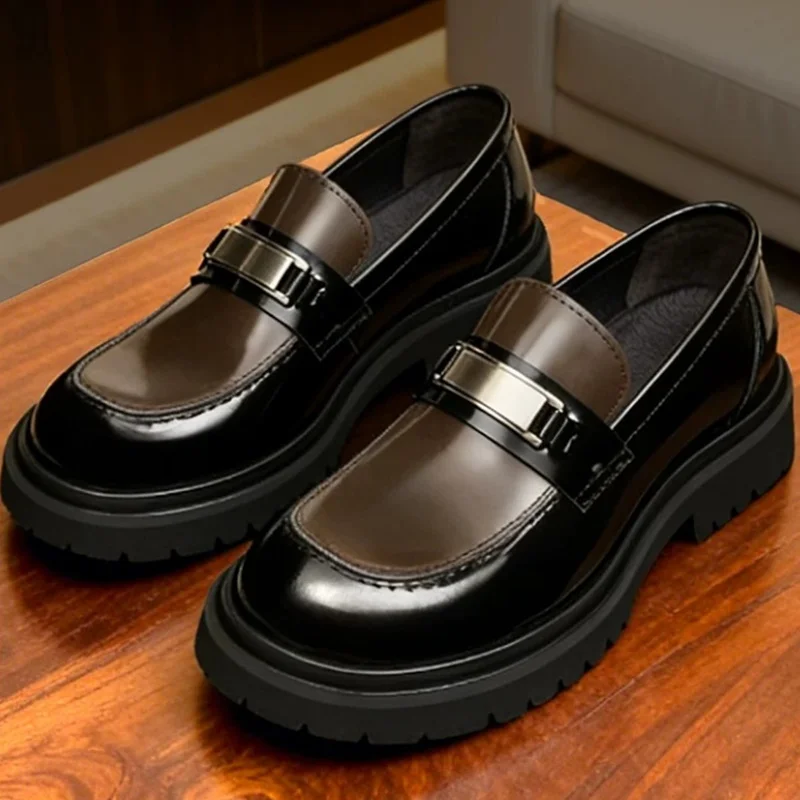 High-end Cowhide Loafers For Men Anti-slip Thick-sole Height Increasing Dress Shoes Slip-on Leather Shoes Men's Formal Shoe