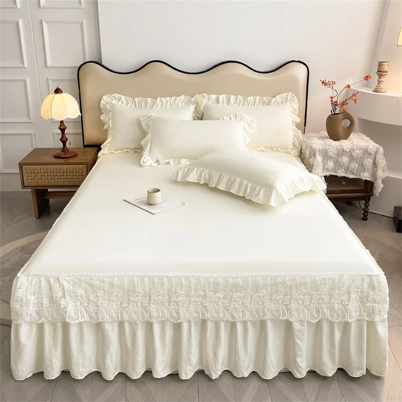 

Юбка-кровать в кружевном стиле, чехол для кровати размера Queen, приятный для кожи, защита для матраса, домашнее покрывало falda de cama (наволочка, нужно заказ)