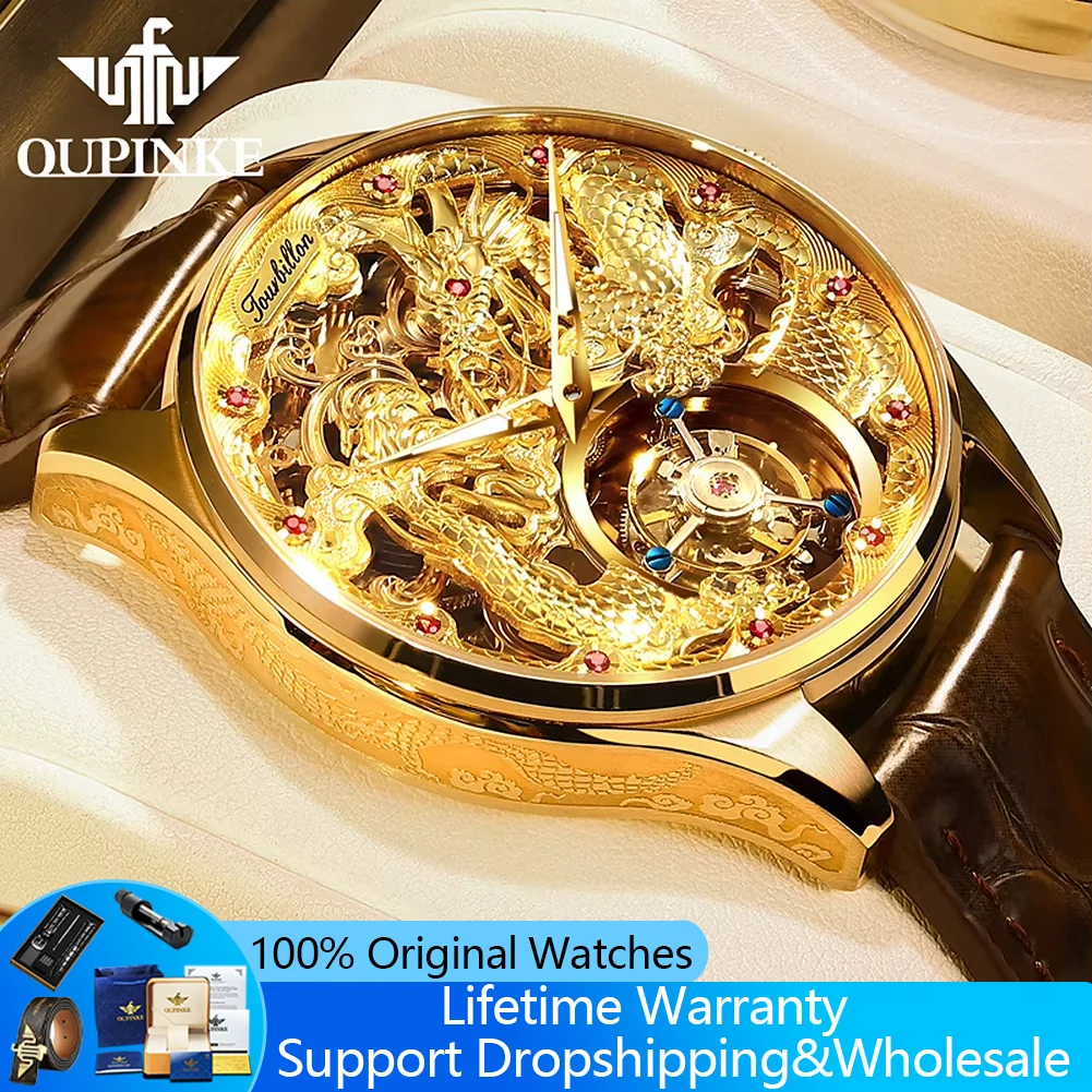 

OUPINKE 3176 Luxury Man Watch Real Tourbillon Dragon Watch For Men Genuine Leather Strap Hollow Automatic Mechanical Wristwatch