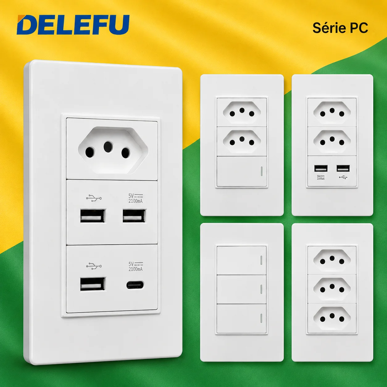 Tomada de Parede Padrão Brasileiro DELEFU com Painel de PC Branco e USB Duplo Tipo C, Interruptor Tuya Wifi 10A 20A 118x72mm