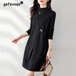 Women Korean Fashion Elegant Chic Patchwork Fake Two-piece Dresses Autumn Winter Solid O Neck Long Sleeve Slim Basic Midi Dress