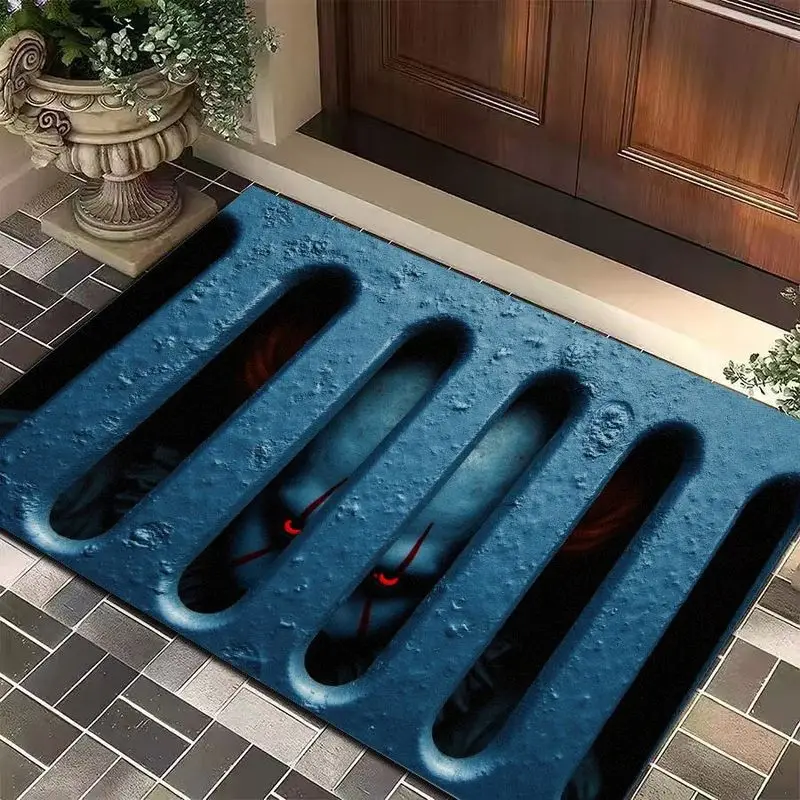 VIKAMA Halloween Vintage Blue Gutter Clown Red Eye Doormat, Non-Slip Foyer Rug for Bathroom, Creepy Home Entry Decor
