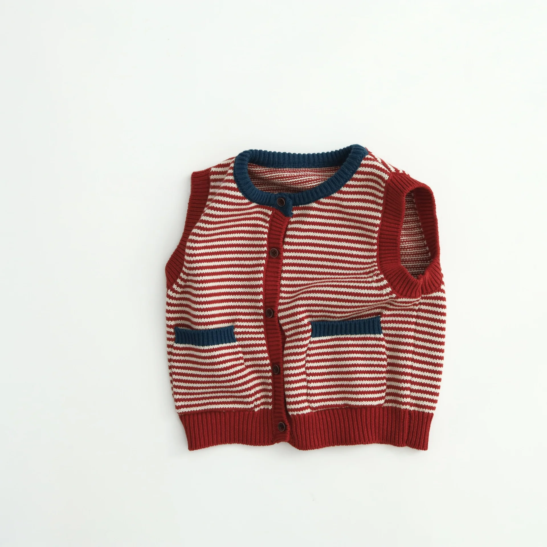 2026 Spring Kids Knitted Vest 100% Cotton Korean 1-6Y Children Boys Girls Color Blocking Stripe Button up Sleeveless Sweater