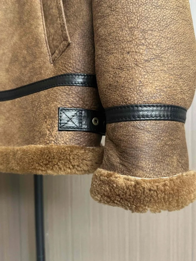 Business Men Winter Warm Wool Lining Work Coat Sheepskin Genuine Leather Real Fur Jacket Motorcycle Natural Shearling Coat 8XL - Image 4