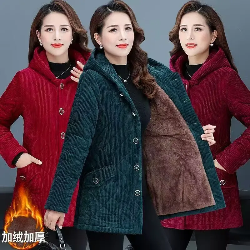 

Corduroy Parkas Women Winter Jacket Fashion Hooded Cotton Padded Coat Middle-aged Elderly Mother Add Velvet Thicken Overcoat 5XL