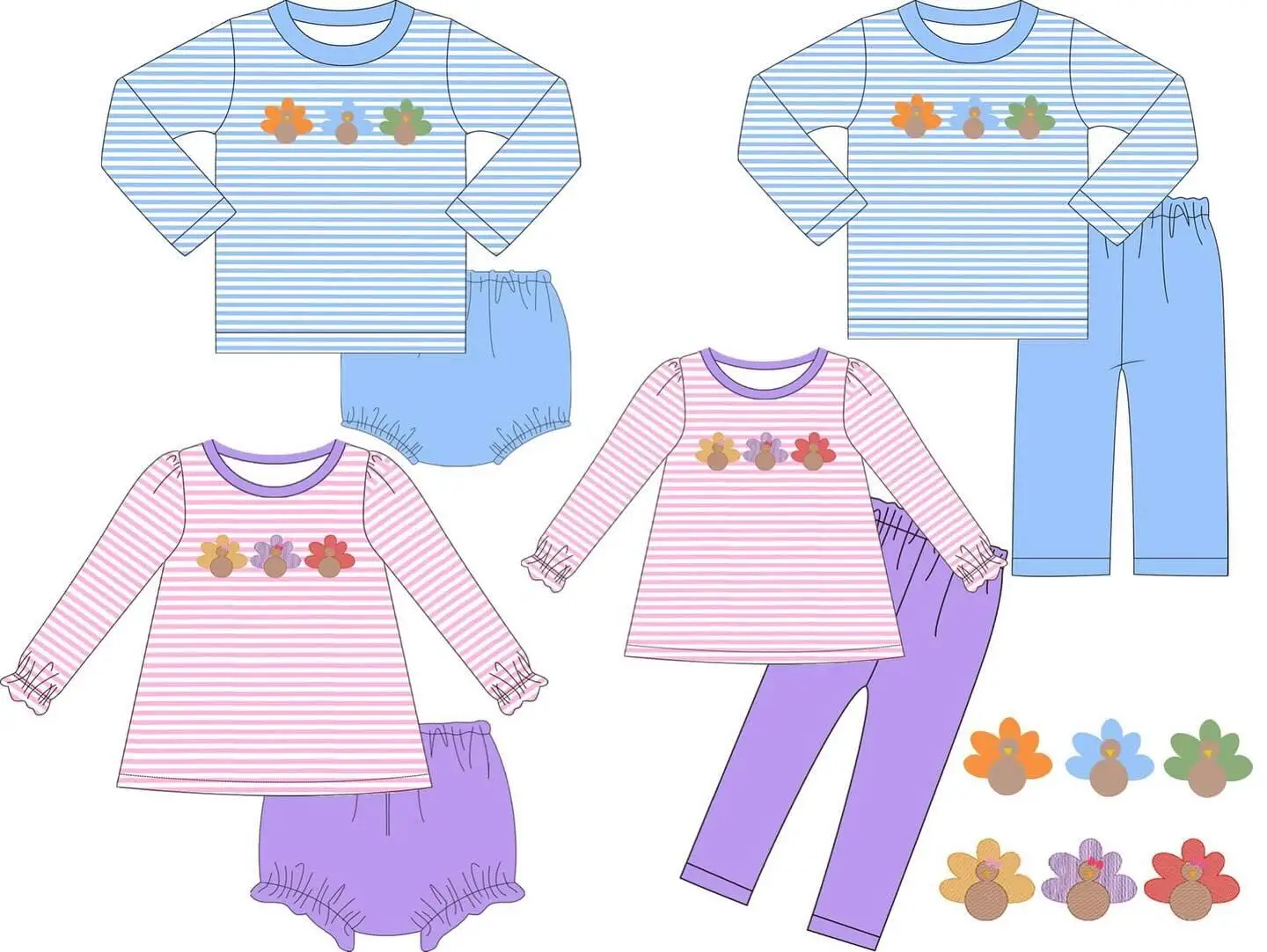 

Toddler Thanksgiving Outfits Matching Four Piece Boys Blue Suit Girls Pink Suit Turkey Print Boutique Milk Silk Clothing Wholesa