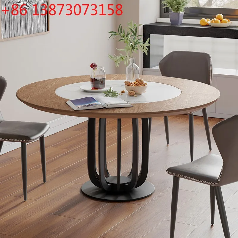 

Rock slab round dining table Solid wood round dining table New Chinese household dining table with turntable inlaid turntable Ro