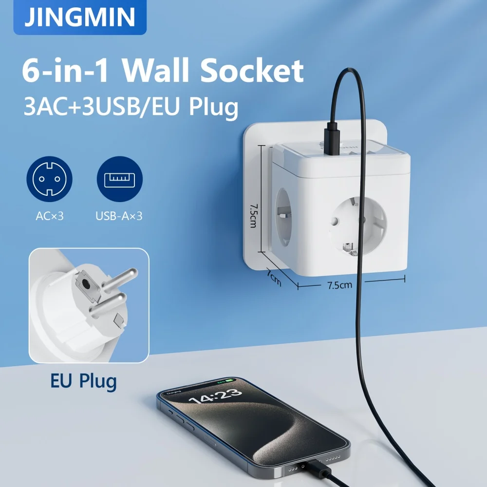 EU Plug Power Cube with 3 Outlets 3 USB Ports Multiple European Plug Wall Socket Adapter Overload Protection Socket