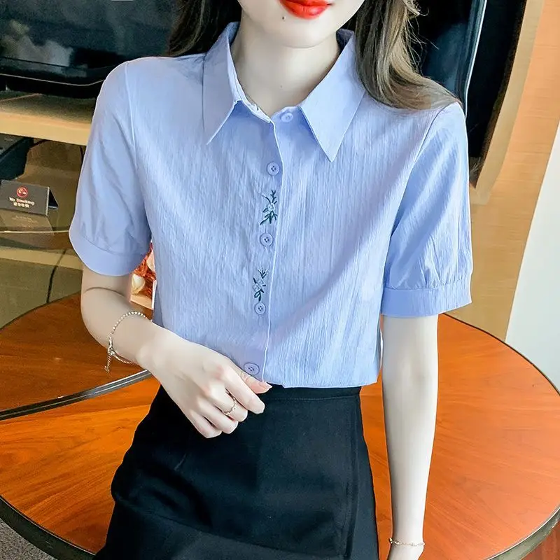 Simplicity Commute Summer New Blouses Women\'s Solid Color Spliced Polo Neck Button Loose Retro Embroidered Short Sleeve Shirts