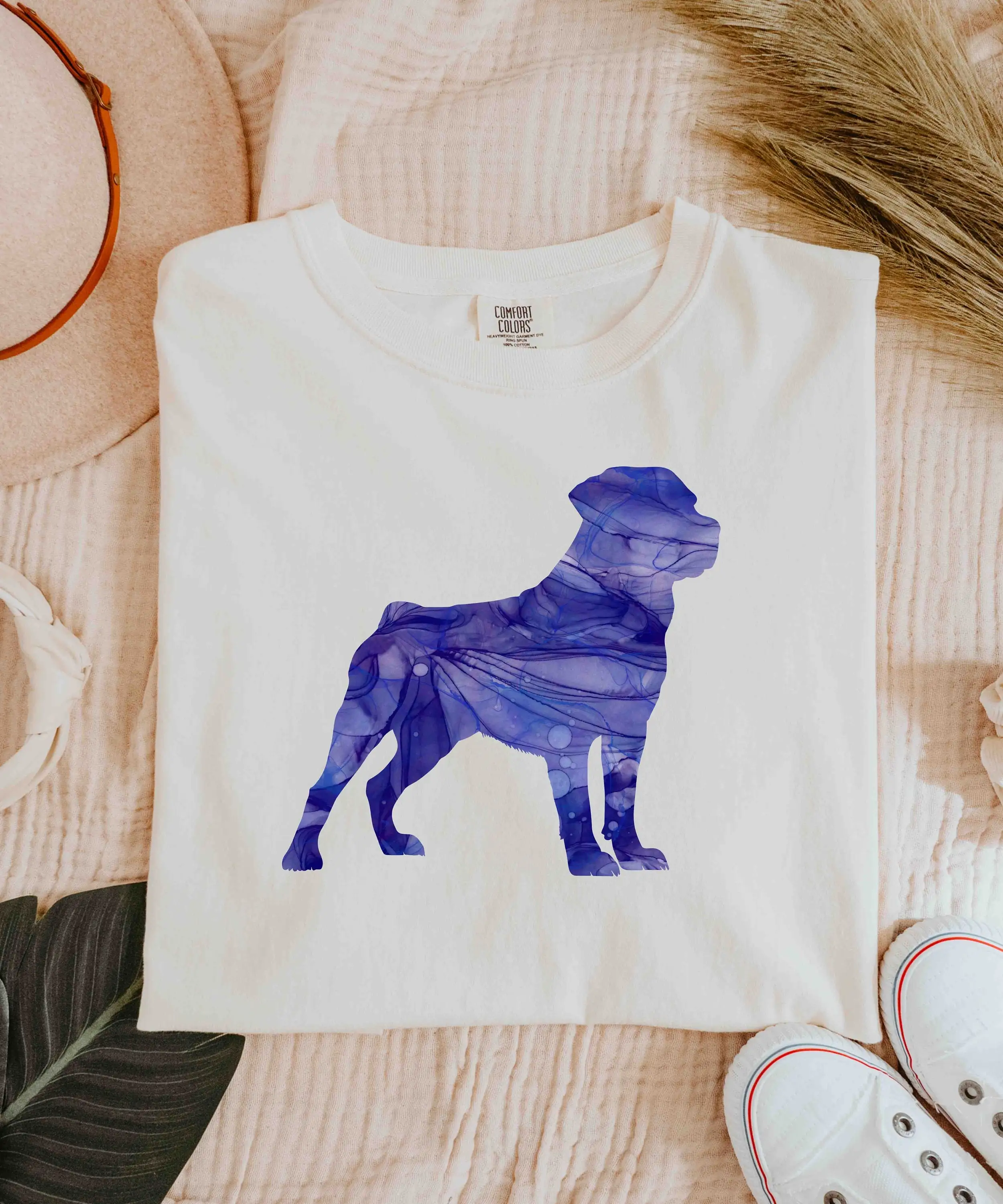 Camiseta azul real Rottweiler Rottie Rotty silueta Alcohol tinta mármol azul marino Multicolor peso pesado colores cómodos