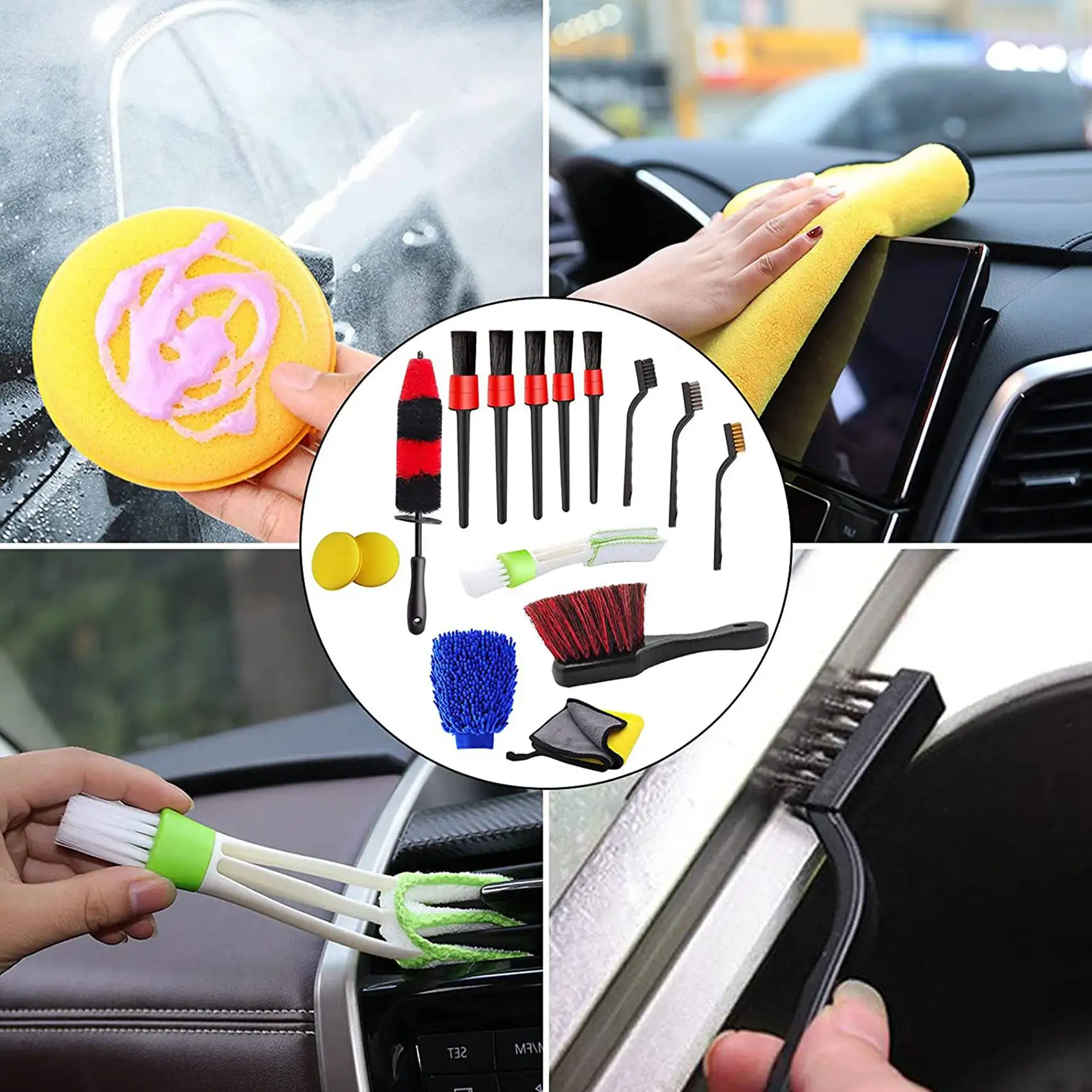 15Pcs Wheel & Tire Brush Set, Car Detailing Brush Set 17 Inches Long Handle Rim Wheel Brush, Car Wash Cleaning Tools