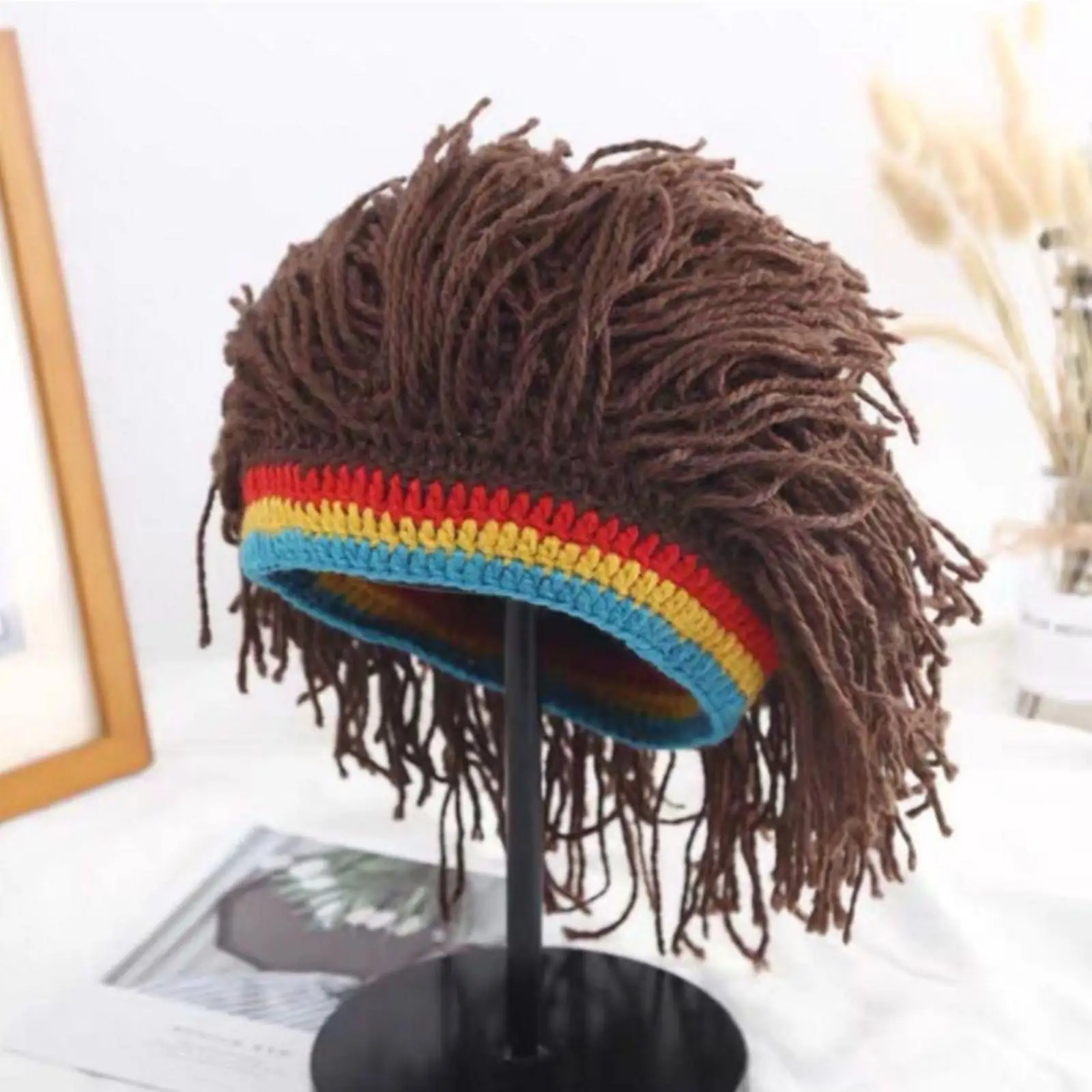Handmade Knit Beanie Cap with Dreadlock Style Fringe Striped Slouchy Hat for Photoshoot Fun Party Look