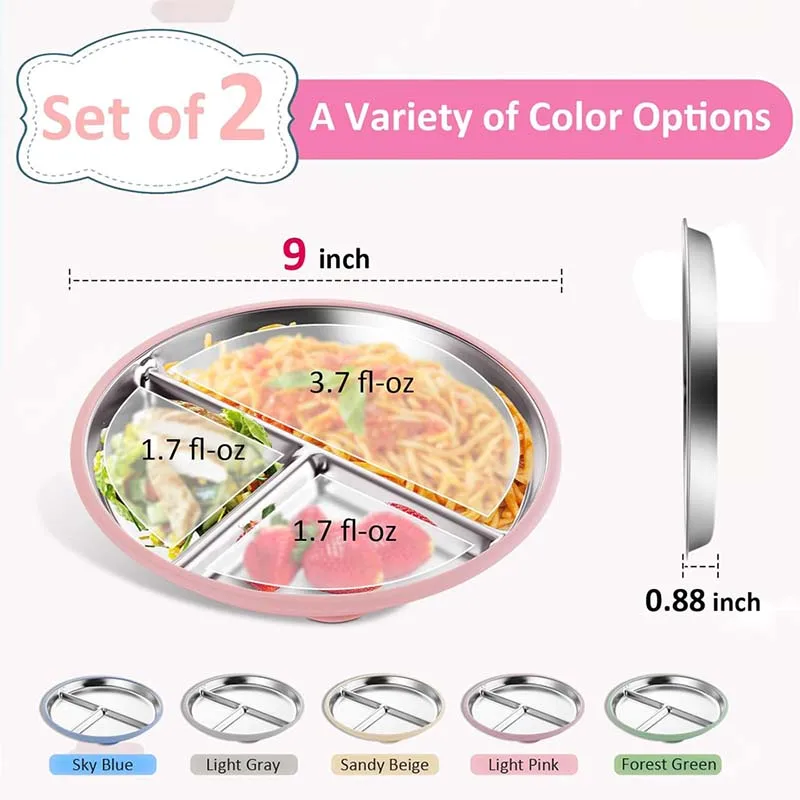 Placa de aço inoxidável com concha de silicone, pratos de alimentação para crianças, ventosa, tigela, pratos infantis, conjuntos de jantar, caixa de presente, 2 peças