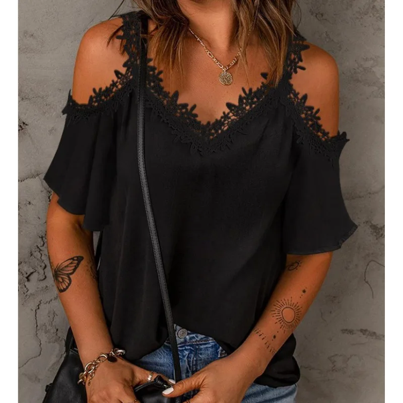 2023 White Lace Short Sleeve Off Shoulder T Shirt Women Summer Loose Casual Top Femme V-neck T-shirt Tshirts Tees