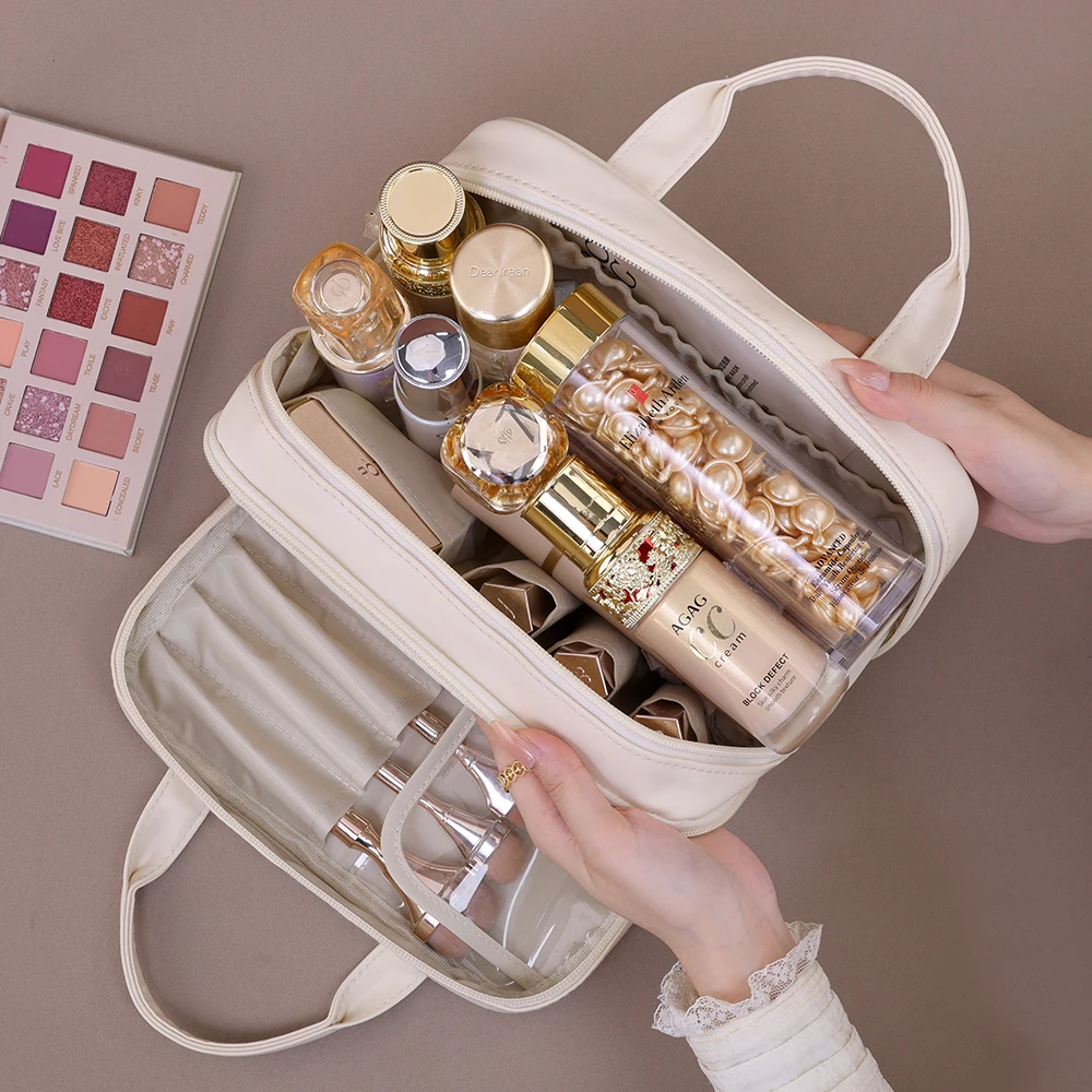 Przenośna kosmetyczka podróżna ze skóry PU Dwuwarstwowa kosmetyczka w jednolitym kolorze Torebka o dużej pojemności Organizer na kosmetyki