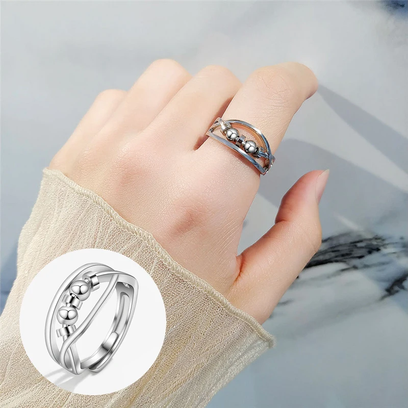 Trendy Anti Fidget Rotate Bead Spinner Ring Relief Anxiety Stress Knuckle Accessories Ladies Party Rings Gift Jewelry Adjustable