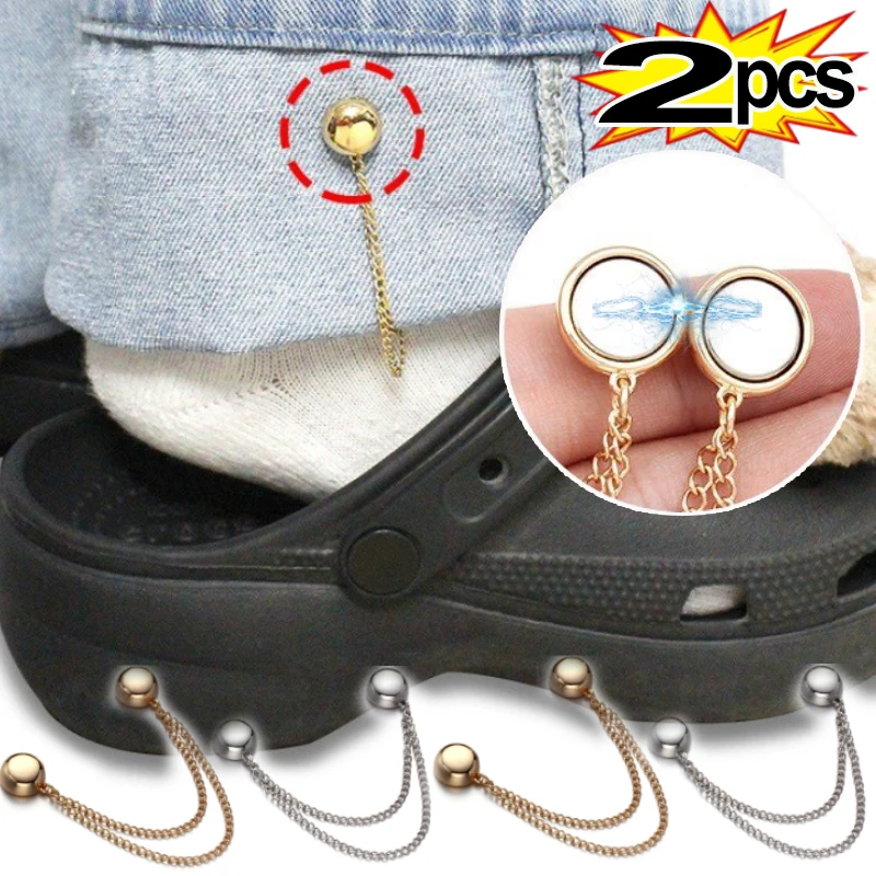 2pcs Magnetic Adjustable Trouser Legs Clips for Pants Pin Retractable Fixed Leg Pants Loose Button for Jeans Perfect Fit Reduce