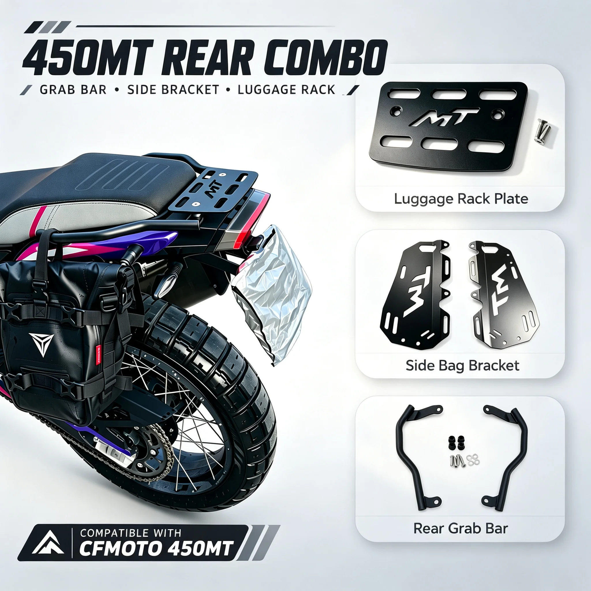For CFMOTO 450MT 2024 2025 Motorcycle Rear Combo Support Passenger Grab Bar Side Pannier Saddlebag Bracket Luggage Rack Plate