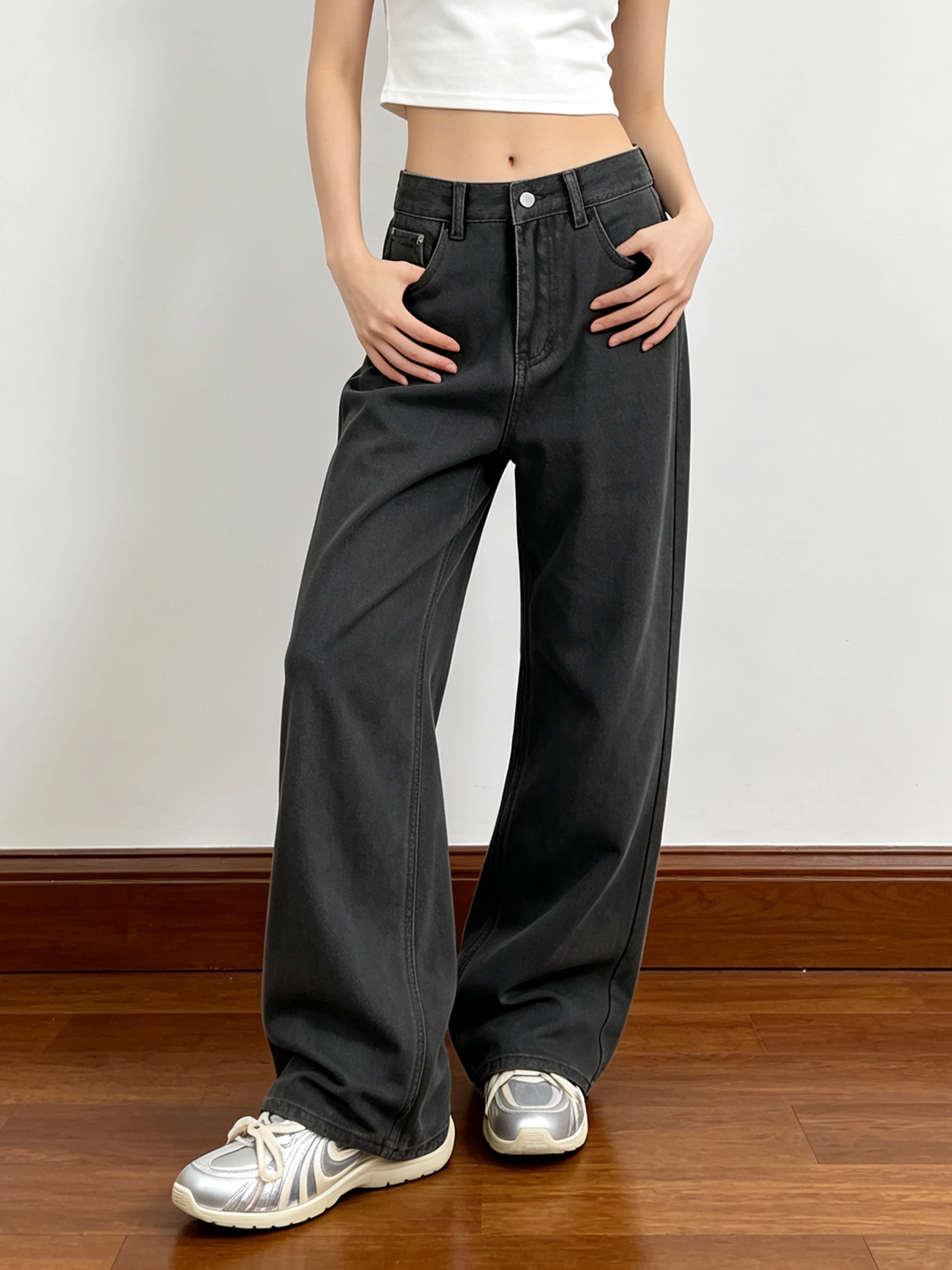 Retro American Washed Wide Leg Casual Pants Loose Couple Straight Tube Jeans Cotton Natural Waist Button Closure Printed