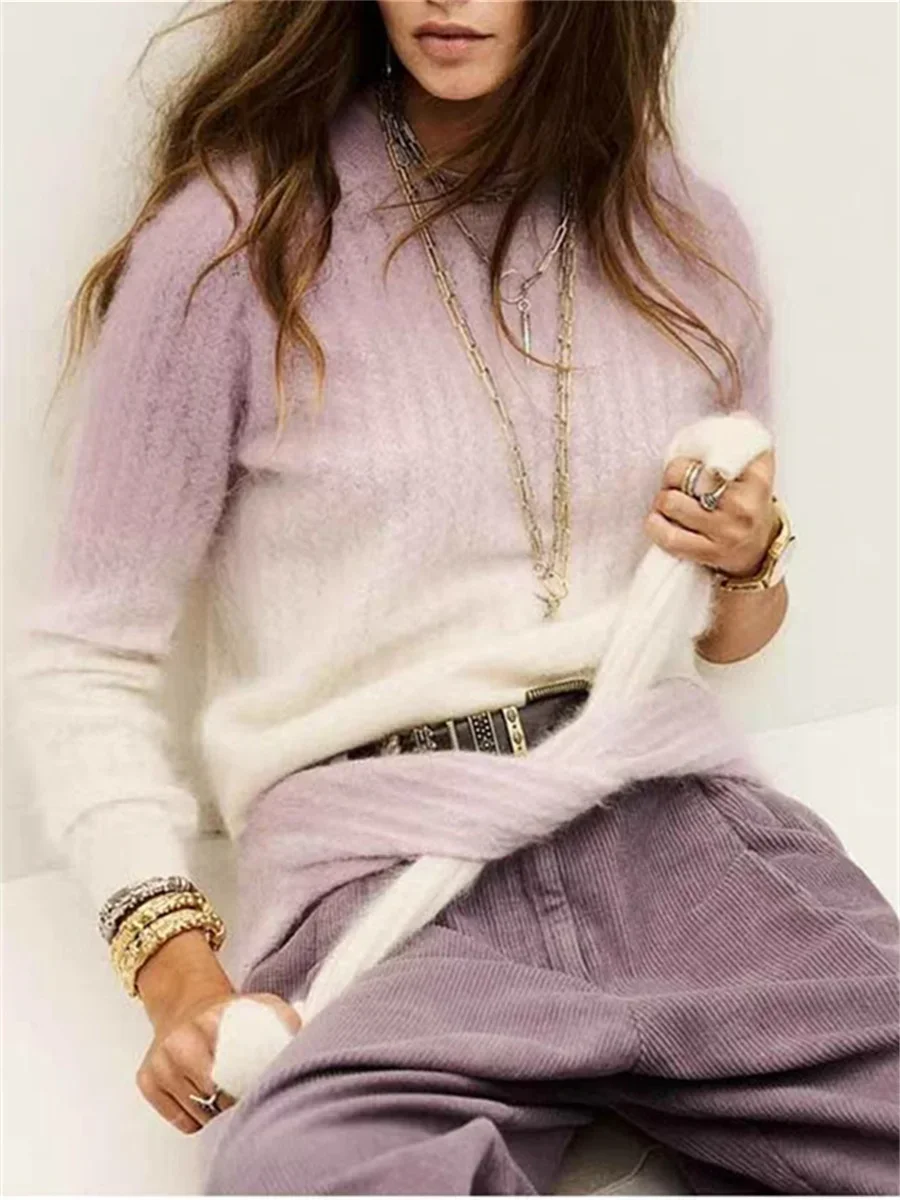 

【Gift Free】 Women Clothing Gradient Knit Sweater O-Neck Long Sleeve Top 2025 Autumn Winter Fashion Cozy Warm Pullover