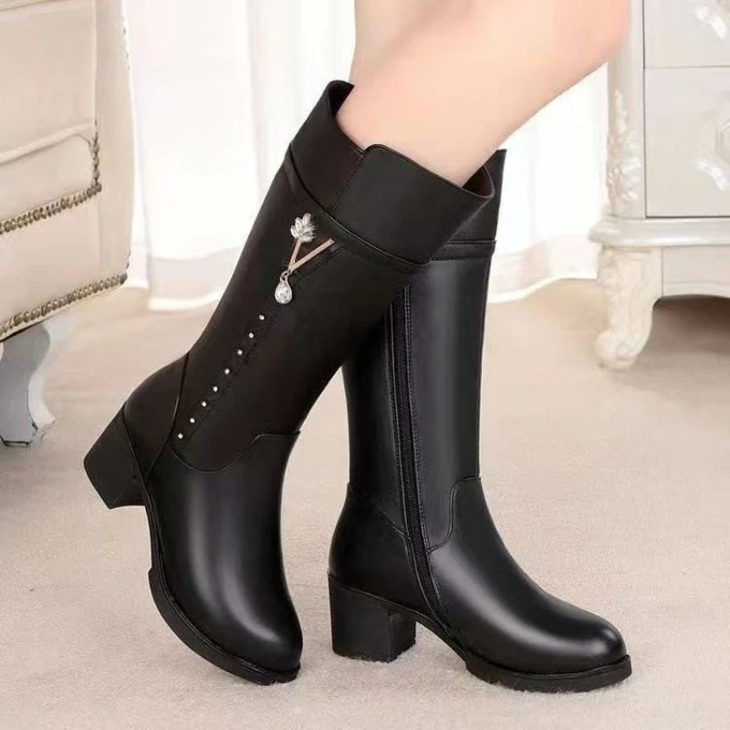 Women's Boots Plush Chunky Heel Mid Calf Boots High Quality Side Zipp Comfortable High Heels Fashion Keep Warm Women Shoes New