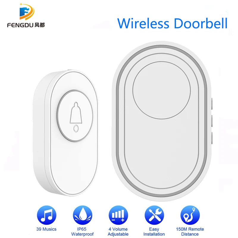 Outdoor Wireless Doorbell IP65 Waterproof Smart Home Door Bell Chime Kit 39 Ringtone 150M LED Flash Security Alarm