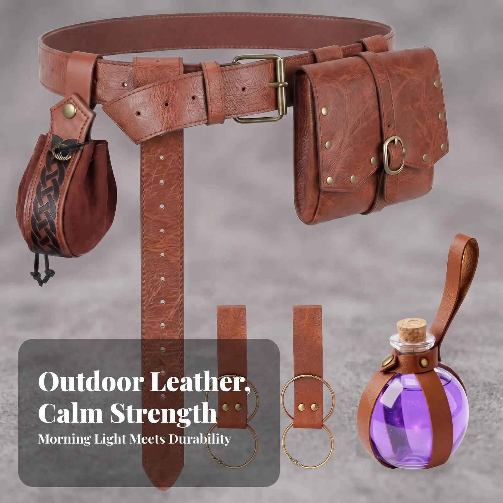 Riveted Steampunk Waist Pouch Utility Belt for Medieval Stage Costume Accessories Adjustable PU Leather Waist Bag with Loop