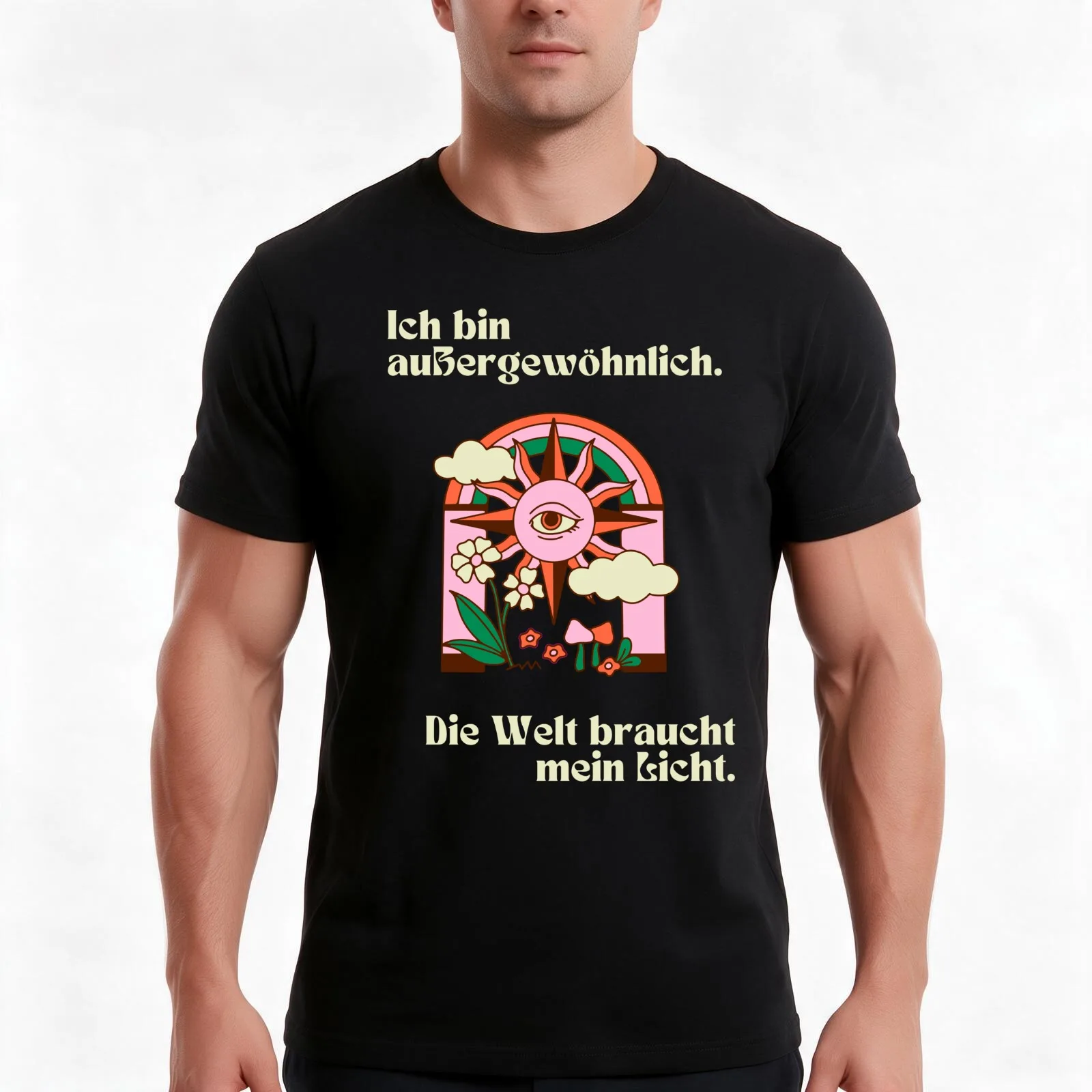 Ich bin au?ergew?hnlich. Die Welt braucht mein Licht. Flower Illustration Green Background T-Shirt Summer Casual Cotton Tee