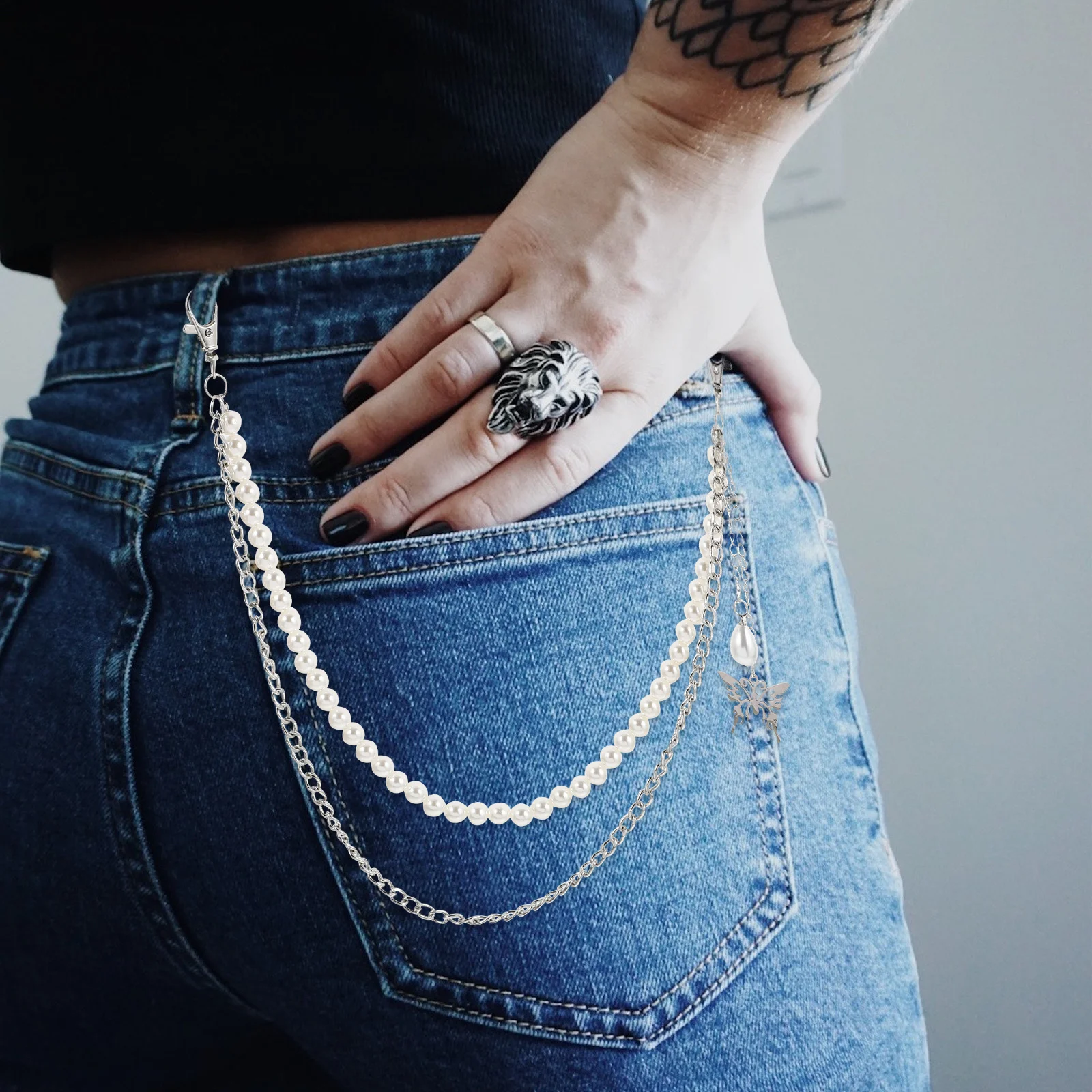 

2pcs Butterfly Waist Chain Handmade Pearl Decorative Trouser Chain Silver Fashion Body Jewelry Ornament Party Festival Beach