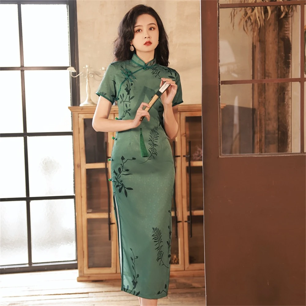 Long Chiffon Cheongsam Vintage Old Shanghai Green Printed Dress Summer Daily Elegant Chinese Traditional Banquet Qipao Chinoise