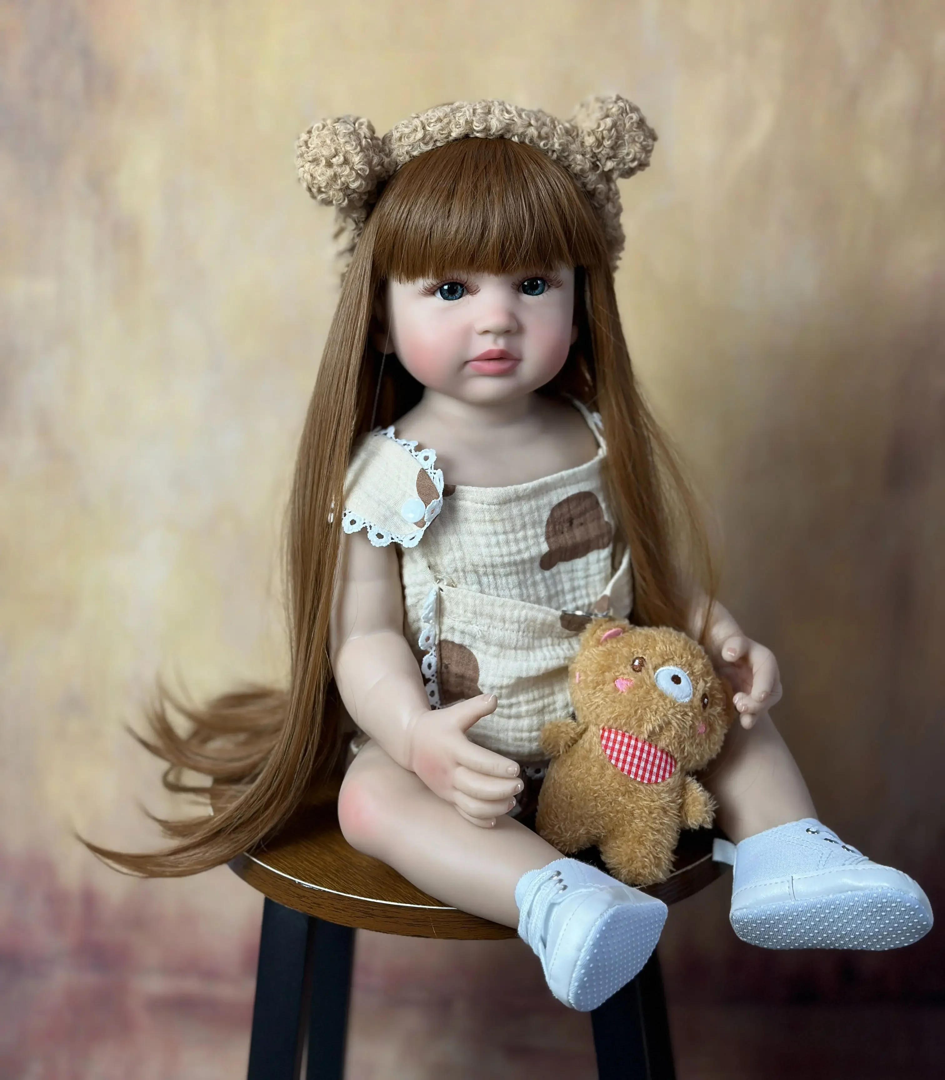 BZDOLL Lifelike 55cm 22inch Reborn Baby Girl Doll Toy Full Silicone Body Brown Long Hair Newborn Princess Toddler Bebe Cute Gift