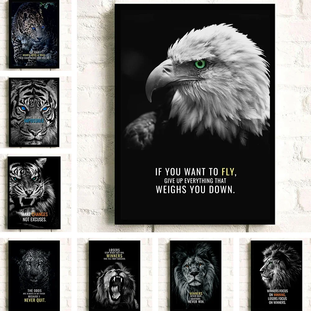 عبارات تحفيزية النمر الأسد ليوبارد النسر المشارك طباعة كلمات ملهمة الرسم على لوحات القماش الجدارية مكتب ديكور ديكور المنزل #2
